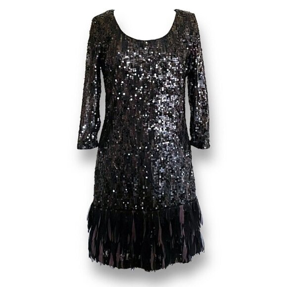 Sugarplum Womens Cocktail Dress Sz M 10 Black Sequined Feather Fringe Hem LBD - Picture 1 of 10